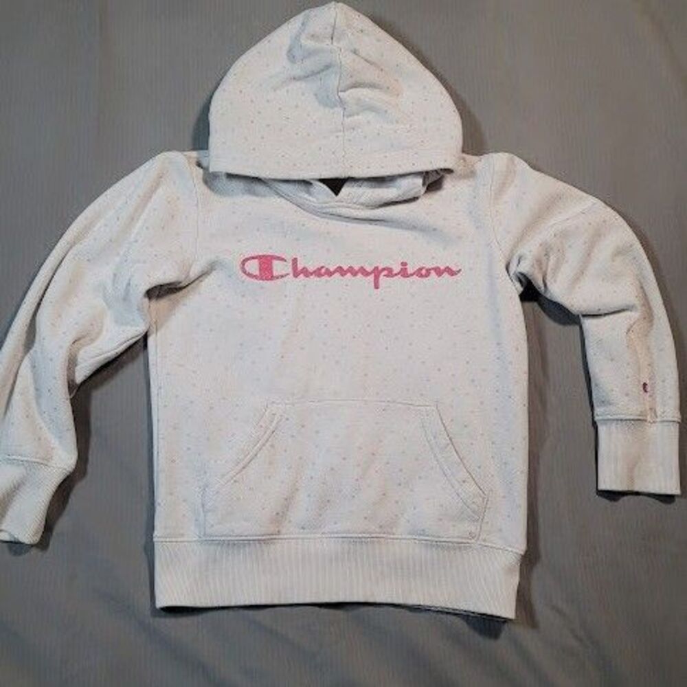Champion Speckled Hoodie White Multicolor Logo Size youth 8.. Q-17